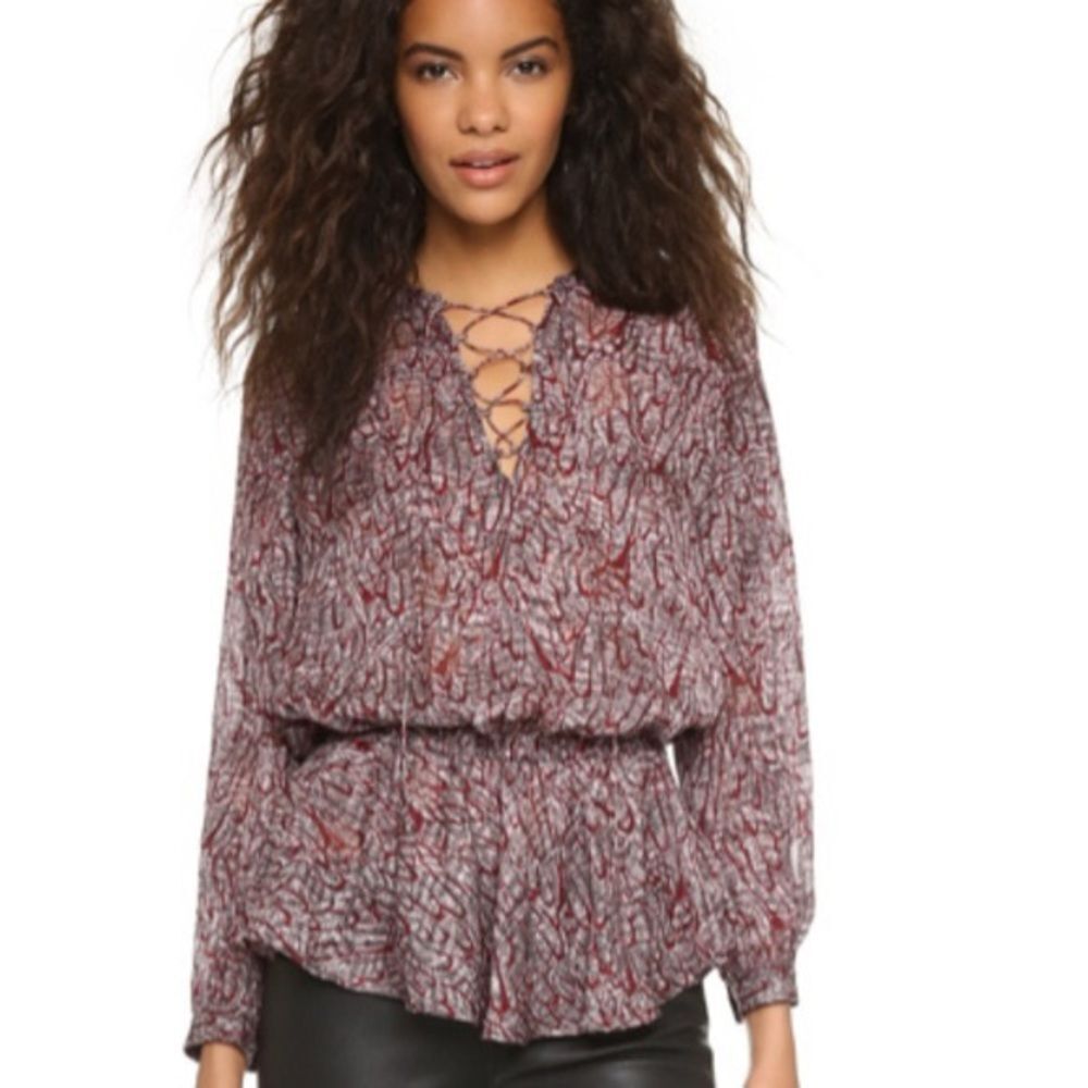 Rebecca Minkoff 100% Silk Maroon & Black Print Peplum Blouse Sz.S
